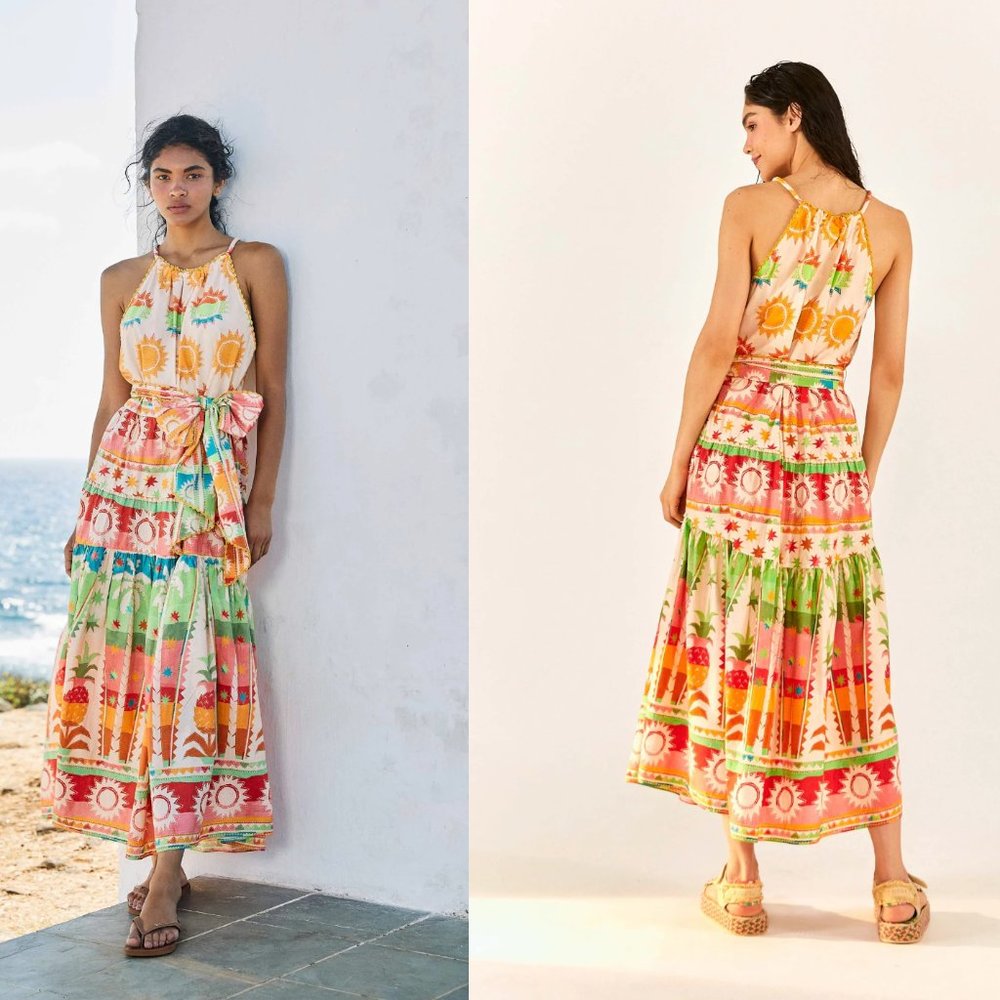 Farm Rio Rainbow Sunset Halter Neck Maxi Dress Size Small (S)